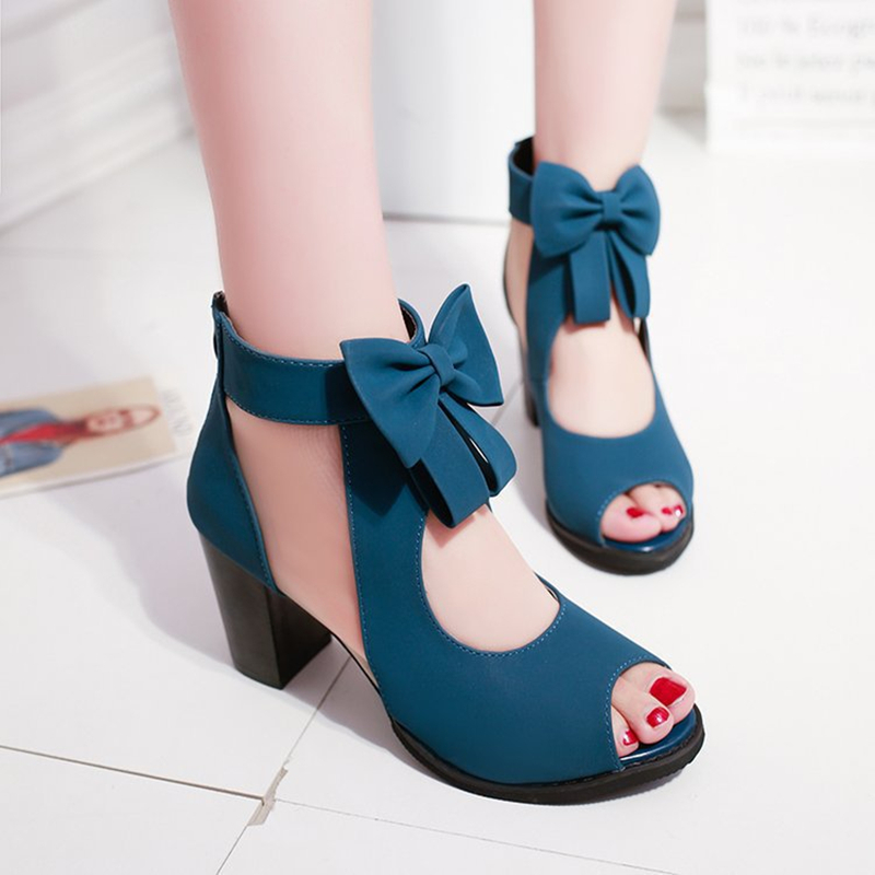 

Summer Women Mesh Chunky High Heels Open Peep Toe Pumps Platform Bow Sandals Zip Girls Gladiator Sandals Blue Shoes Size 35-39