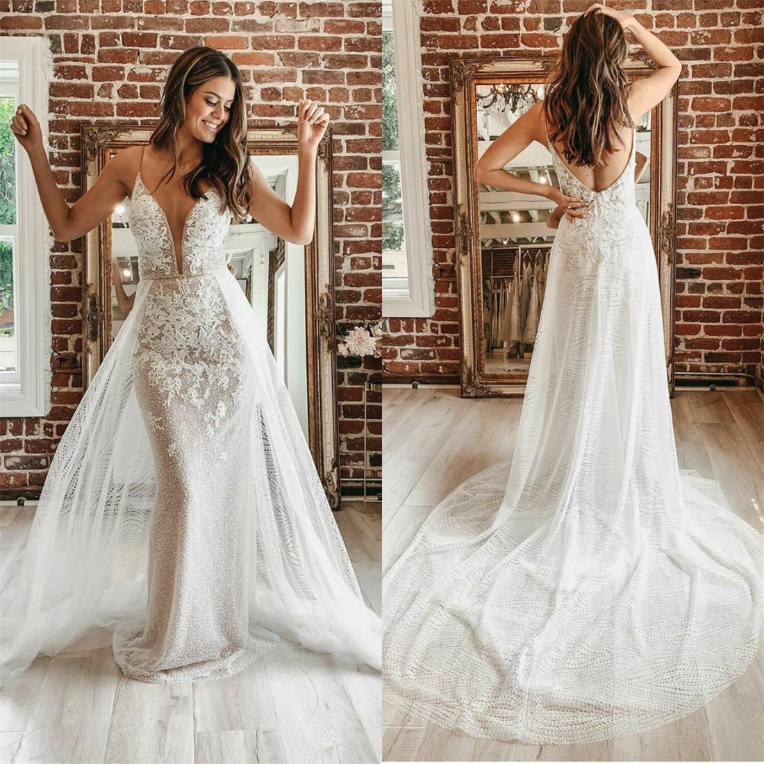2020 Sexy Mermaid Wedding Dresses With Detachable Train Lace Appliques Sequins Backless Beach Wedding Dress Illusion Vestidos De Novia