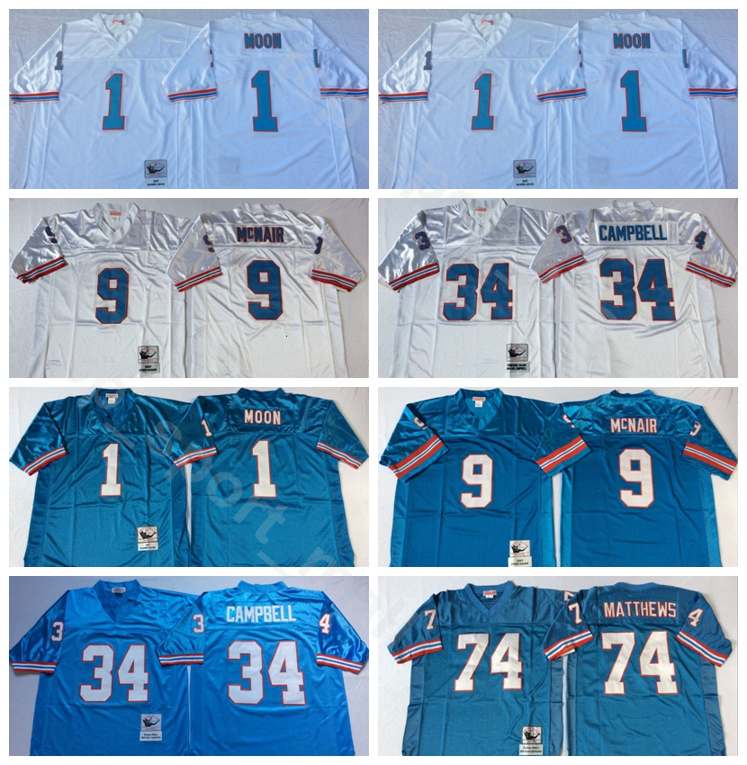 

NCAA Football 34 Earl Campbell 1 Warren Moonn Jerseys 9 Steve McNair 74 Bruce Matthews 78 Cuyley Culp Blue White Man Vintage, 74 blue