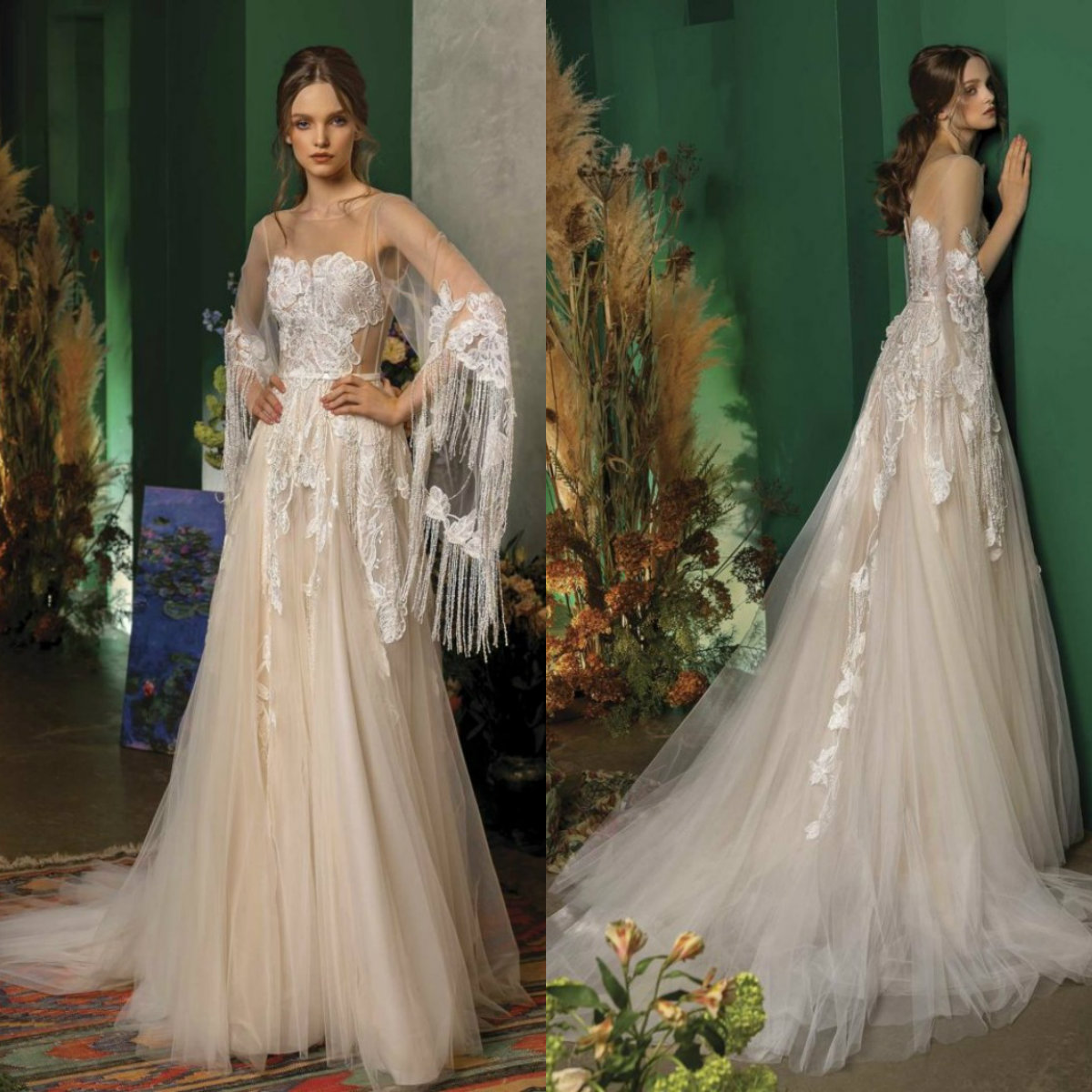 

Papilio 2020 Wedding Dresses Jewel Long Sleeves Lace Appliques Tassel Bridal Gowns Sweep Train A Line Wedding Dress Robe De Mariee, Ivory