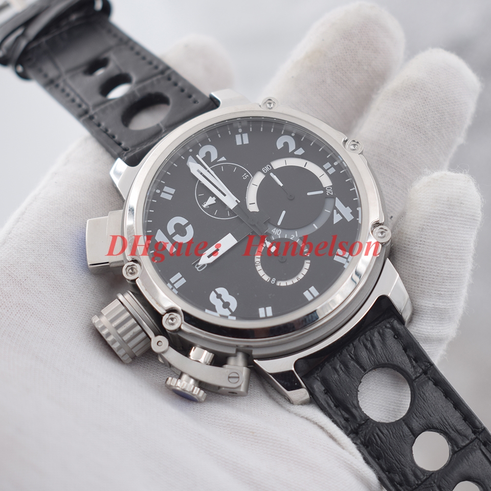 

NEW mens watches Luxusuhr Japan Quartz movement Chronograph Left crown montre de luxe Large dial black leather strap Wristwatches, Slivery;brown