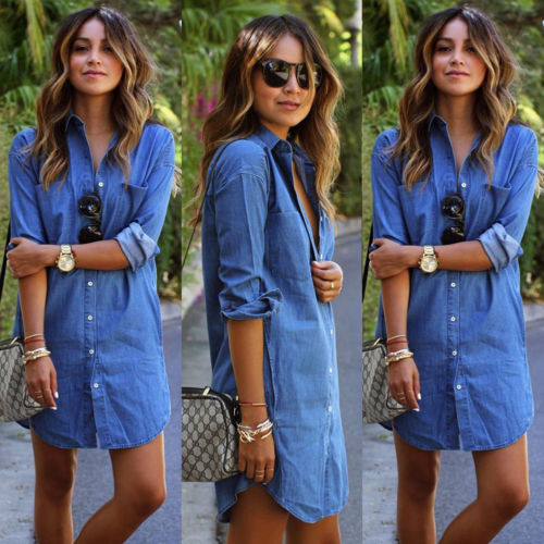 

Womens Blue Jeans Denim T-Shirt Long Sleeve Casual Loose Shirt Short Dress Hot Sale