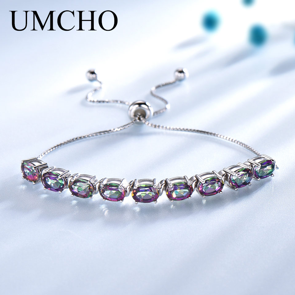 

UMCHO Genuine Rainbow Mystic Topaz Bracelets & Bangles Real 925 Sterling Silver Bracelets For Women Free Expansion Fine Jewelry