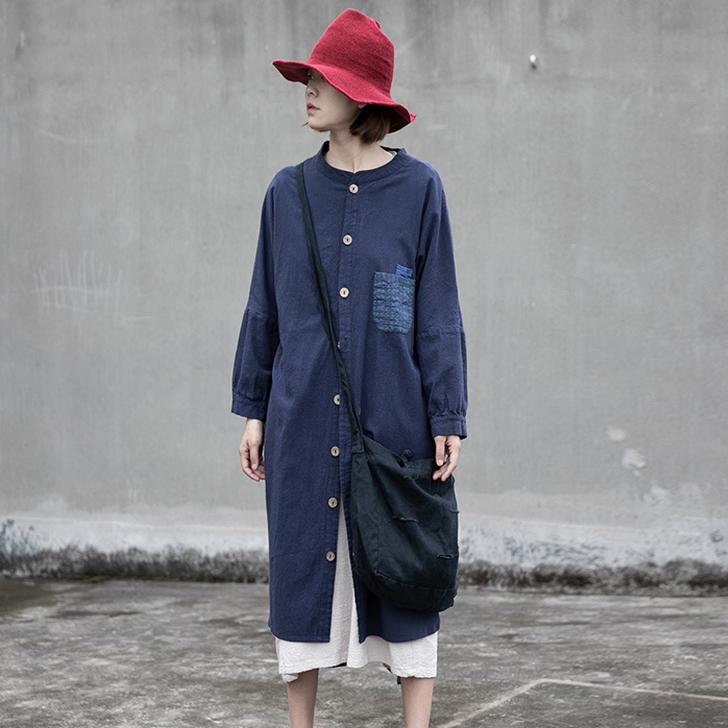 

Johnature 2020 New O-neck Patch Plaid Pocket Irregular Cotton Linen Coat Loose Comfortable Long Sleeve Women Autumn Long Coats, Navy blue