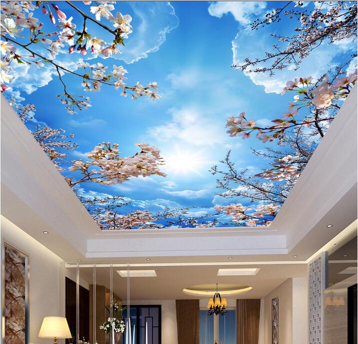 

WDBH 3d wallpaper custom photo Blue sky white clouds cherry blossom ceiling murals room decor 3d wall room murals wallpaper for walls 3 d, Non-woven