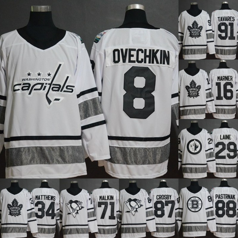 

2019 All Star Game White Jersey 29 Patrik Laine 8 Alex Ovechkin 16 Mitch Marner 70 Braden Holtby 71 Evgeni Malkin Jack Eichel Hockey Jerseys, Black;red