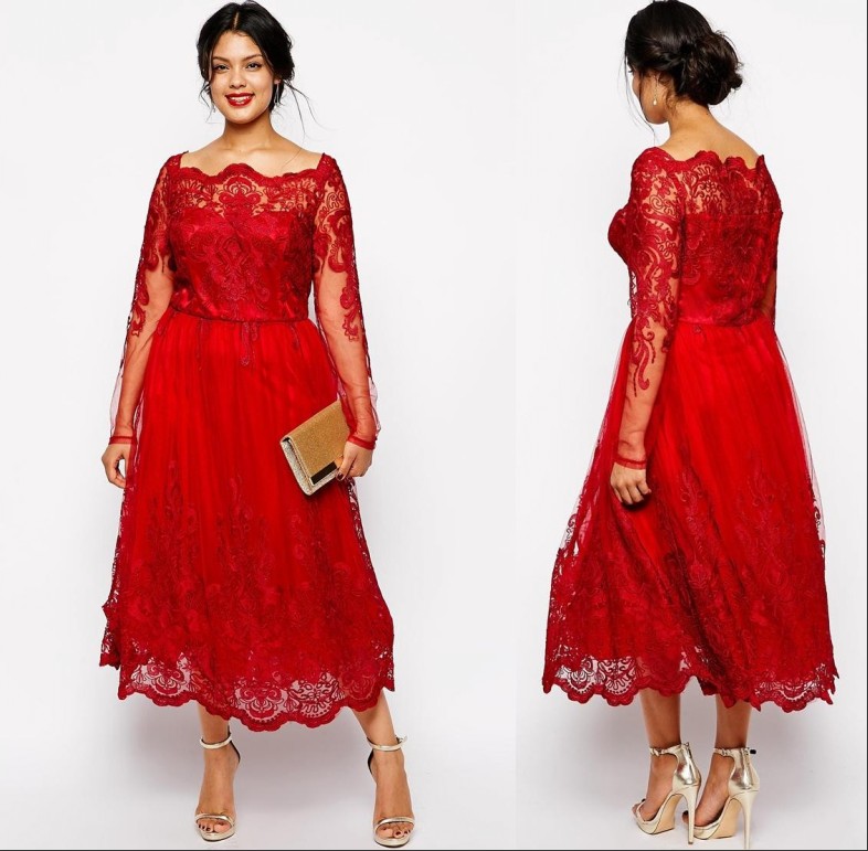 

Vintage Cheap Red Mother of the Bride Dresses Off Shoulder Long Sleeves Lace Appliques Tea Length Plus Size Party Dress Wedding Guest Gowns