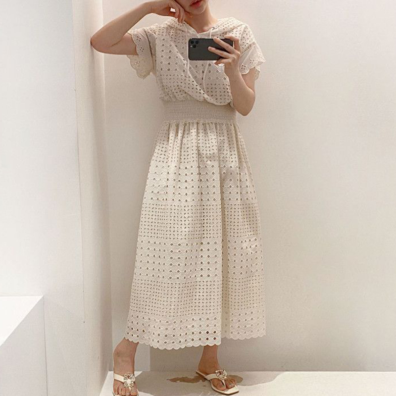 

EWQ] 2020 New Summer Women Vintage Loose Thin Elegant Hollow Out With Cap Maxi Dress Simple Fashion Trend Ladies Robe, Apricot