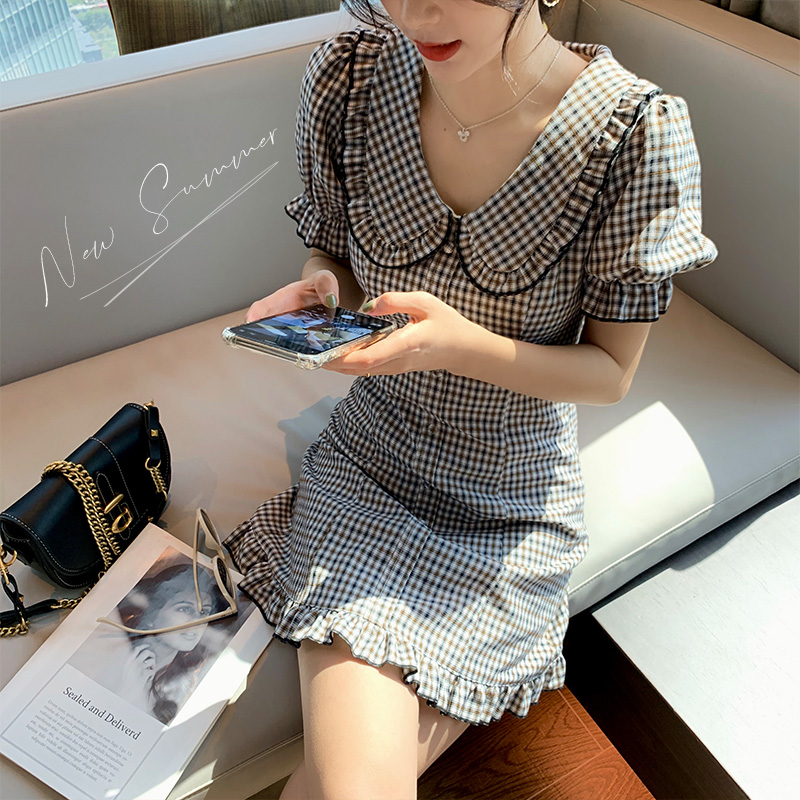 

MISHOW 2020 Summer New Dresses Women Fashion Short Sleeve A-Line Dress Female Plaid Vestido MX20B1092, Black plaid