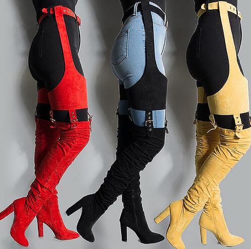 

Hot Rihanna Flock High Boots Winter Over Knee Fashion Heeled Boots Strap Solid Pointed Toe Square Heel Zip Rubber Boots, Red