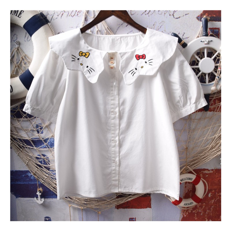 

Kawaii cats kitty embroidery floral shaped collar short sleeve white cotton shirt blouse top, Beige