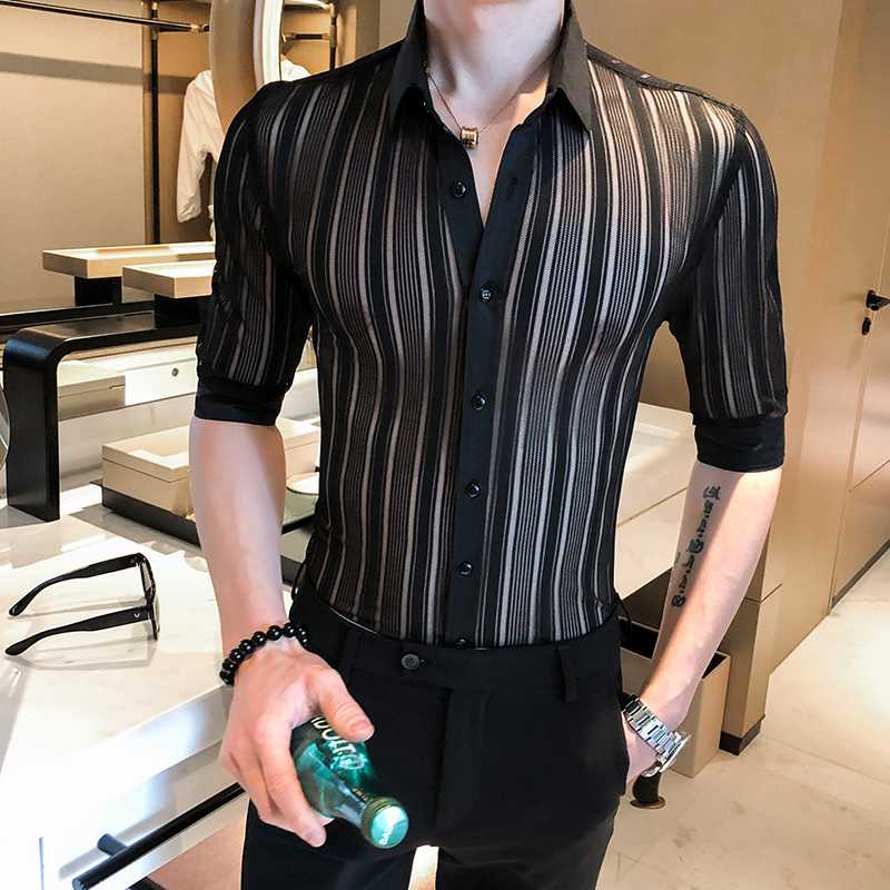 

2020 Sexy Lace See-through Shirt Men Half Sleeve Casual Slim Fit Dress Shirts Streetwear Stage Singer Nightclub Blusa Masculina, Black