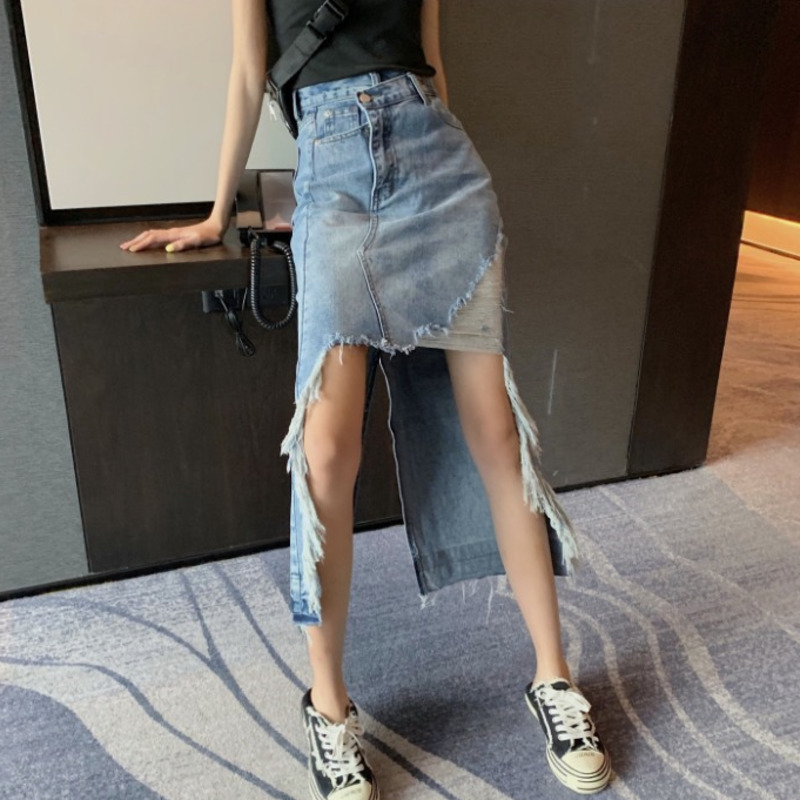 

iMucci 2020 New Spring Summer Denim Female Skirts High Waist Irregular Hollow Out Korean Fashion Women Skirt Tide TM1653, Picture color