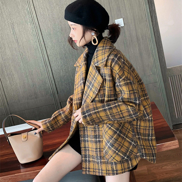 

Heydress Plaid Woolen Coat Female 2020 Autumn Winter Loose Popular Korean Version of Retro Small Thickened Tweed Coat, White