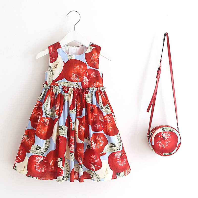

European And American Style 2020 Summer Children Sleeveless Fruit Pattern Party Dress Design 2-6Y Baby Clothes With A bag, Ah2008