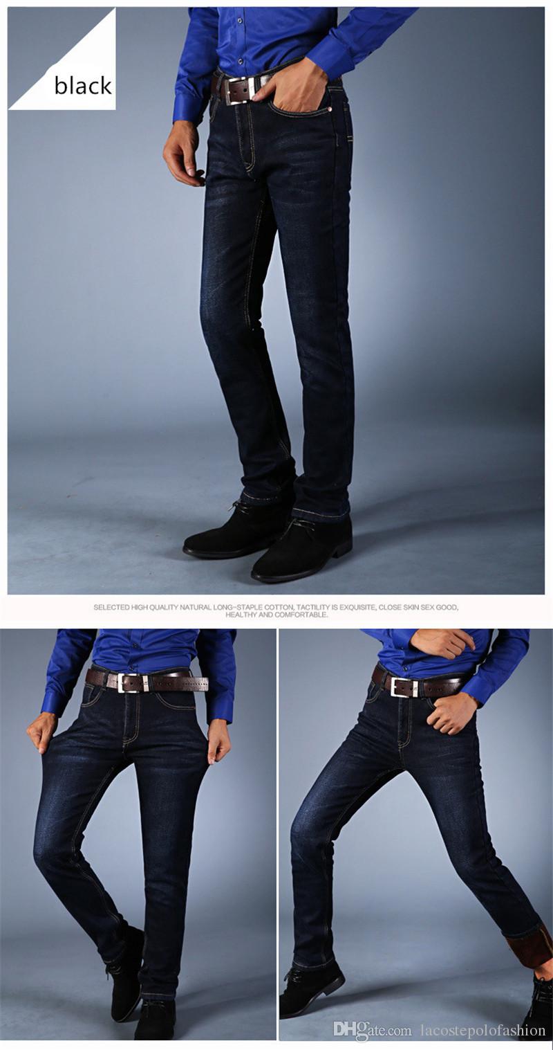 

Designer Mens Winter Jeans Fashion Solid Skinny Thick Warm Pencil Pants Teenager Homme Slim Long Trousers, Black