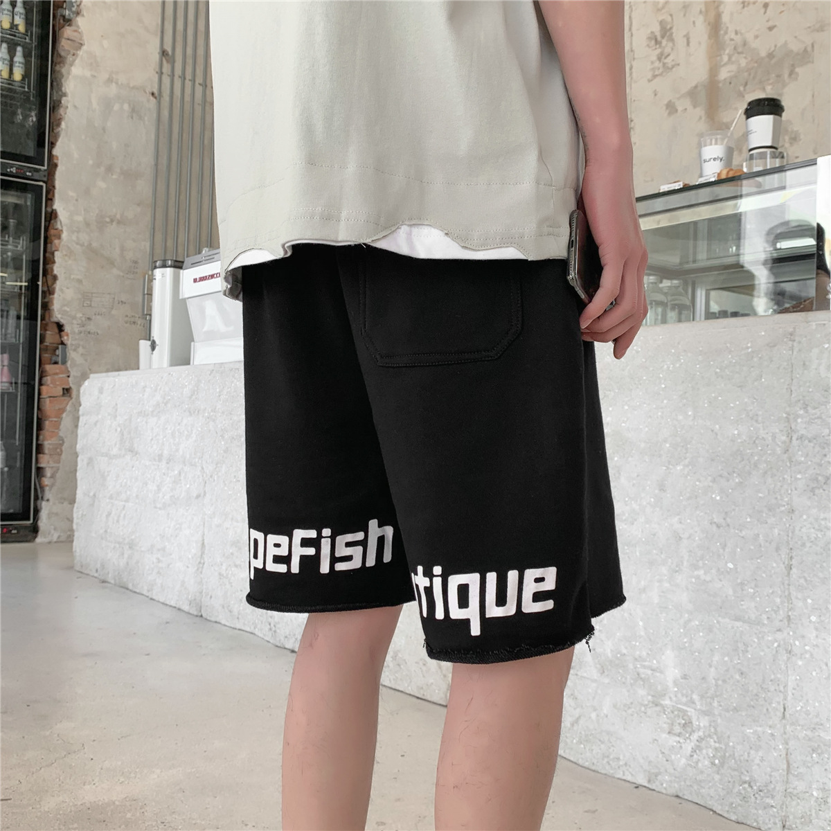 

Januarysnow Summer Europe and the United States Street Solid Color Loose Letter Printing Short Men's Casual Sports Versatile 5-point Pants, Black