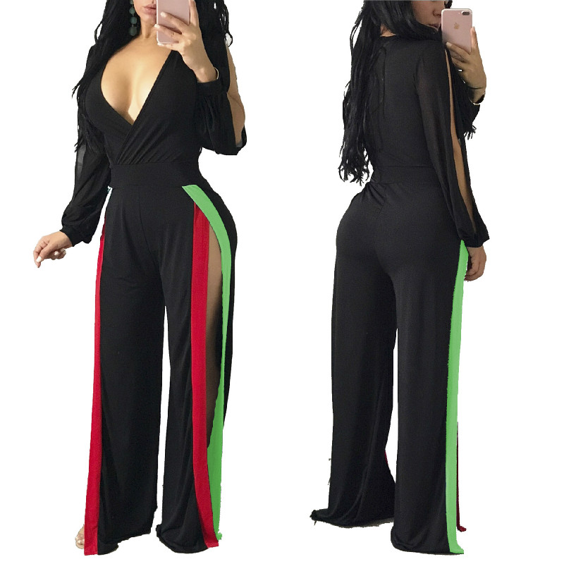 

2020 Sexy Jumpsuits Romper Long Sleeve Solid Color Women V Neck Jumpsuit Elegant Full Length Polyester Loose Women Streetwear, Black