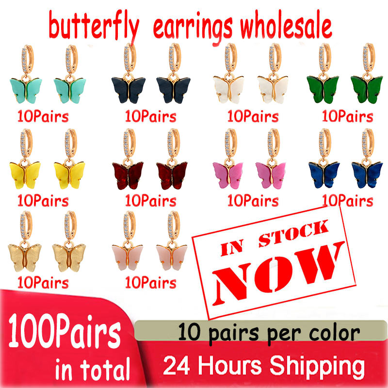 

Dangle & Chandelier JUST FEEL 100Pair/Set Lovely CZ Butterfly Drop Earring Gold Silver Color Insect Statement Sets Fashion Jewelry Wholesale
