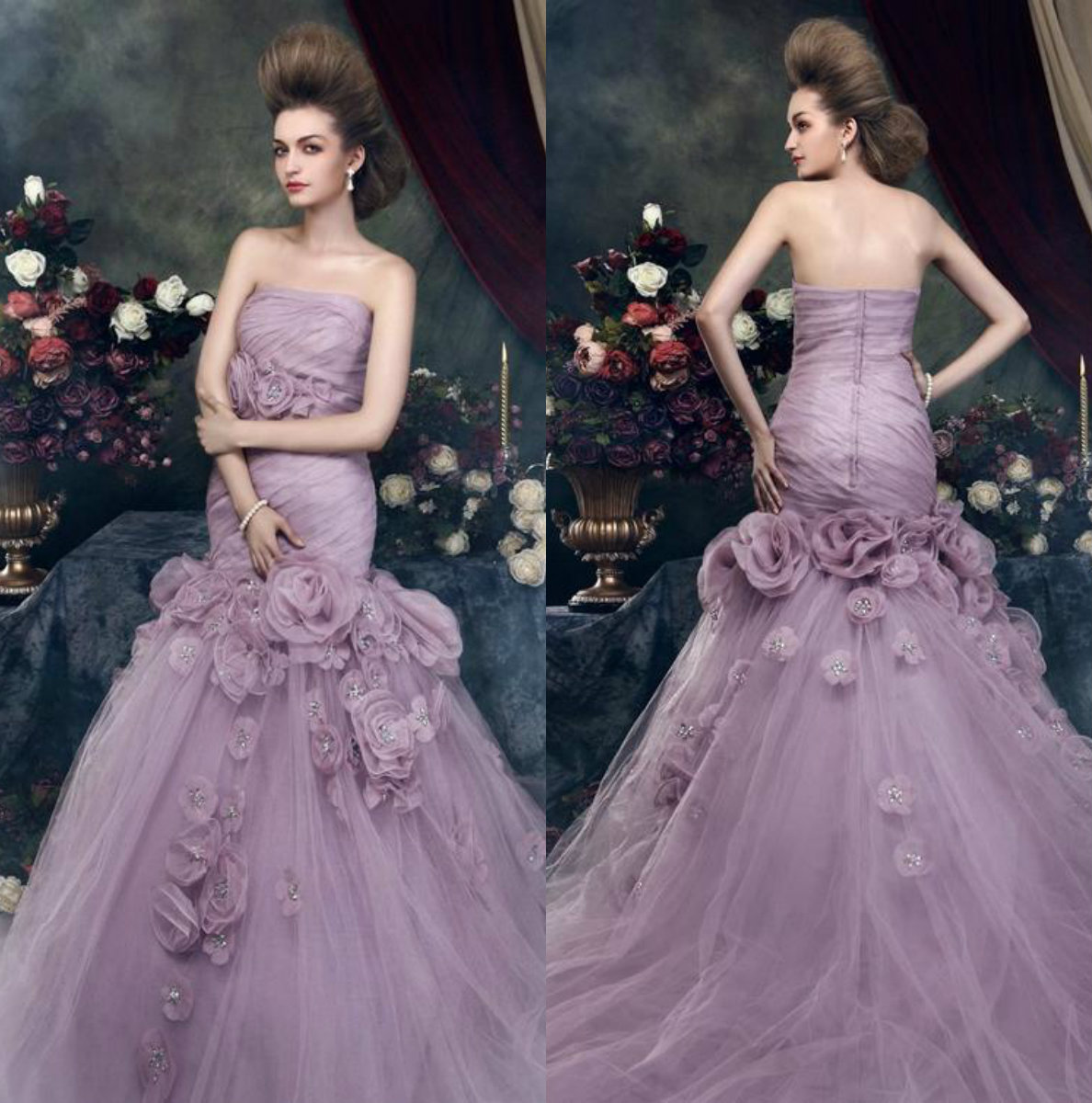 

2019 Gothic Mermaid Wedding Dresses Strapless Flowers Beaded Garden Vintage Wedding Dress Sweep Train Country Bridal Gowns, Purple