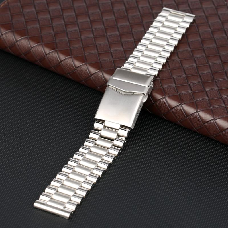 

22mm Solid Silver Black Stainless Steel Watch Band Folding Clasp With Safety Replacement Watchstrap Metal Bracelet for Men Women