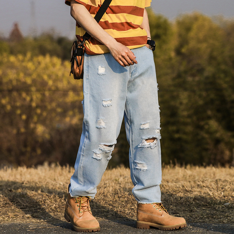 

Male Streetwear Hip Hop Ankle-length Denim Beggar Pants Trousers Men Vintage Broken Hole Loose Straight Jeans, C1189