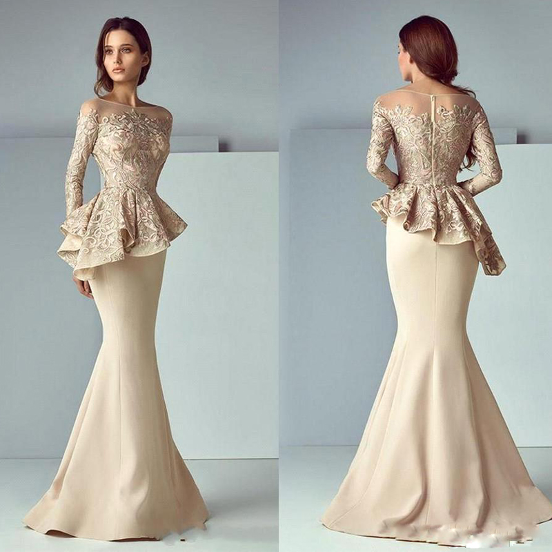 

Long Sleeve Ruffles Floor Length Evening Dresses Sheer Neck Long Sleeve Lace Top Formal Gown Sweep Train Satin Prom Gowns 2019, Dark green