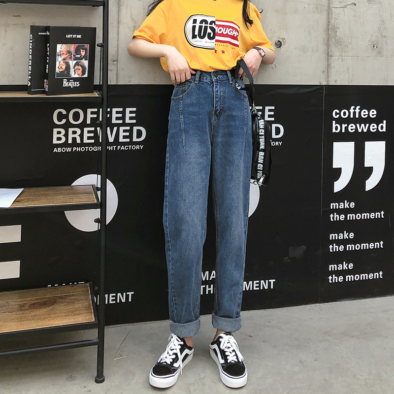 

Wide-legged jeans women spring and autumn period women' clothing tall waist students bf loose pants, Blue