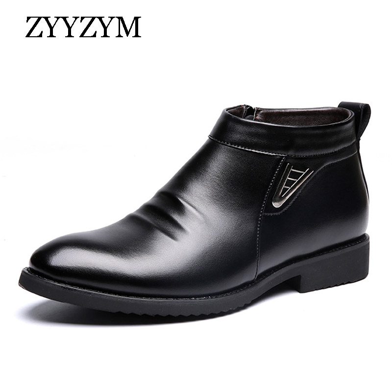 

ZYYZYM Mens Boots Winter Short Plush Keep Warm Business Casual Leather Boots Solid Color Cotton Male, Black