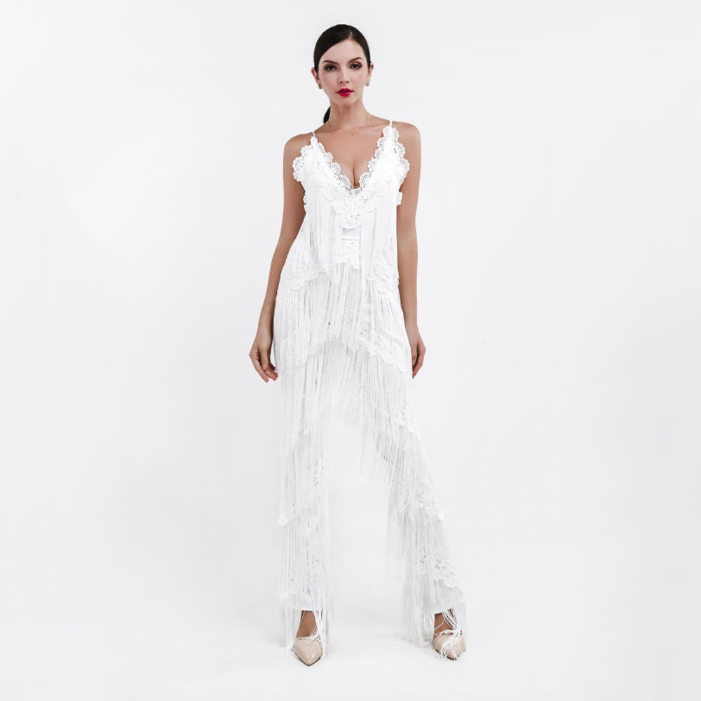 all white fringe jumpsuit