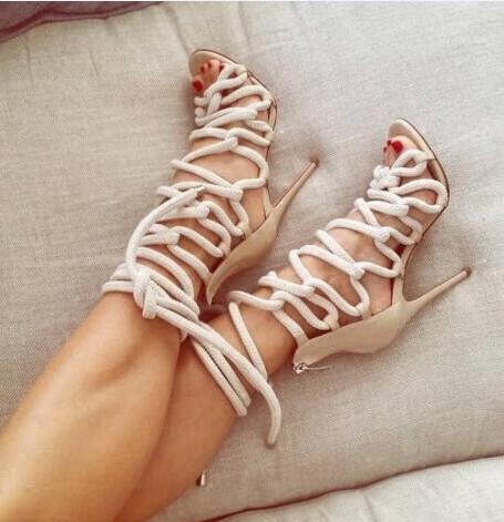 

Hot Sale-Newest Designer Rope Braided Lace-up High Heel Sandal Sexy Open toe Cut-out Gladiator Strappy Sandal Boots Women Dress Shoes, Pictures 2