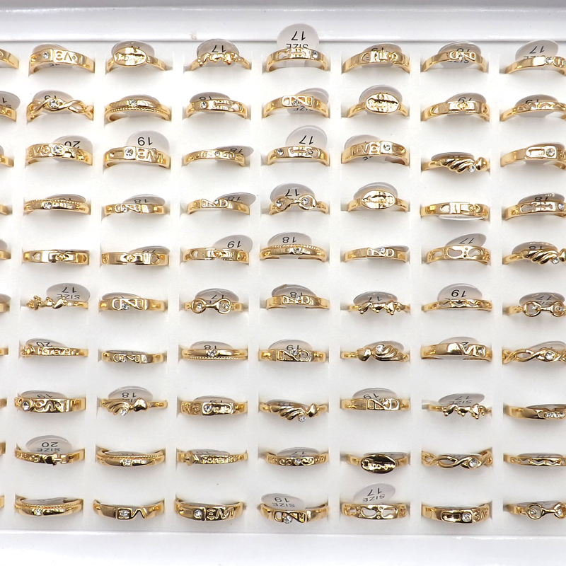 

50pcs/lot Simple Ladies Gold Color Finger Rings Zirconia Element Mixed Design For Lovers