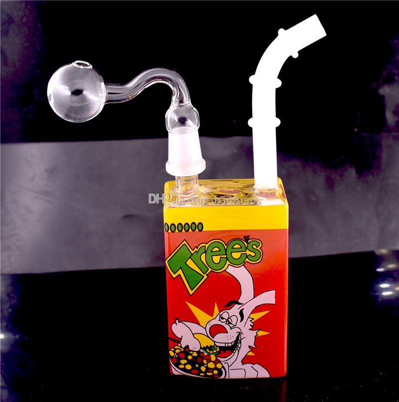 

1pcs 14mm Glass Juice Box Oil Dab Rigs Liquid Sci Glass Water Pipes Themed Cereal Box mini Beaker Bong with glass oil burner pipe