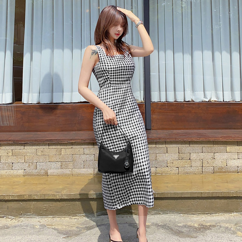

2020 Summer Korea Casual Plaid Dress Women Vestidos High Waist Sleeveless Vest Pencil Split Mid-Calf Elegant Dress, Picture color