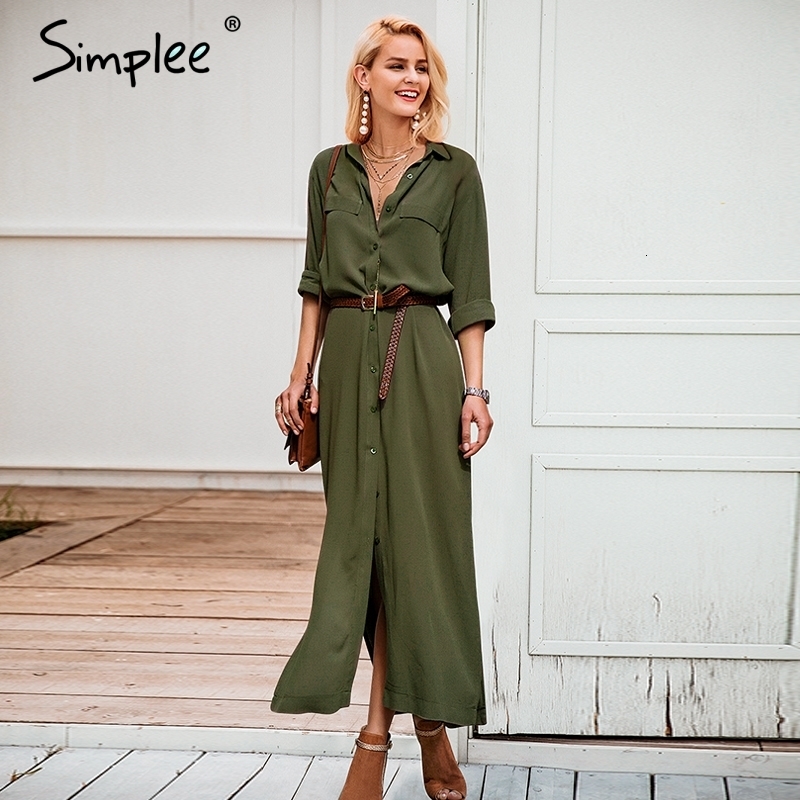 

Simplee Casual button long summer dress shirt 2018 office lady Vintage maxi women dress plus size V neck chiffon dress festa LY191115, Army green