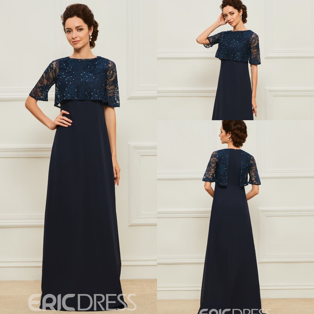 

Elegant Ericdress Mermaid Mother of The Bride Dresses Jewel Half Sleeve Wedding Guest Dress Lace Applique Crystal Sweep Train Evening Gown