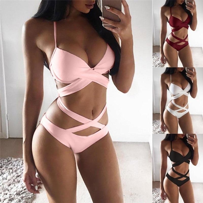 Women's Sexy Cut-out Halter Bathing Suits One-piece Push Up Monokini Swimsuit Bandage Swimwear Women's Fashion Swimming suit-image-456242070