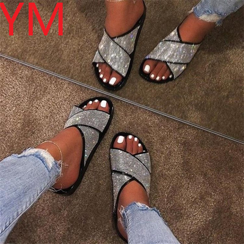 

2020 Spring/summer women double-layer rhinestone buckle sandals outside wild beach slippers ladies leisure home travel flip flop, Gold