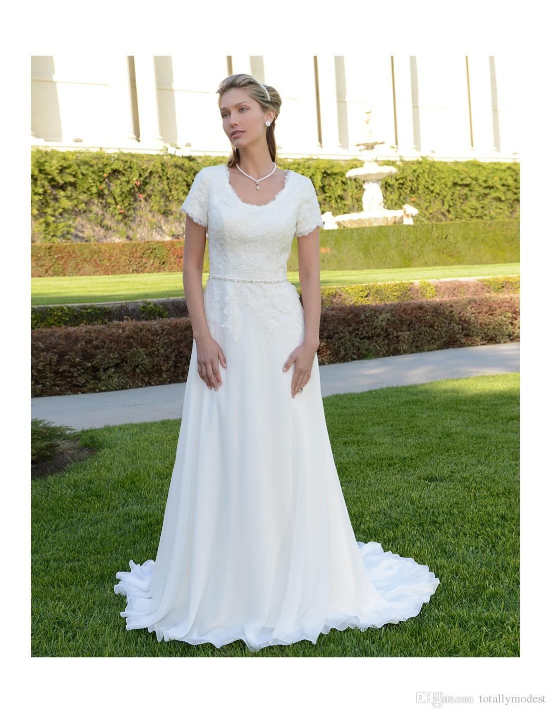 

New Informal Lace Chiffon Modest Wedding Dresses With Short Sleeves Scoop Neck Bridal Gowns Beaded Waist Couture Custom Made A103, Red
