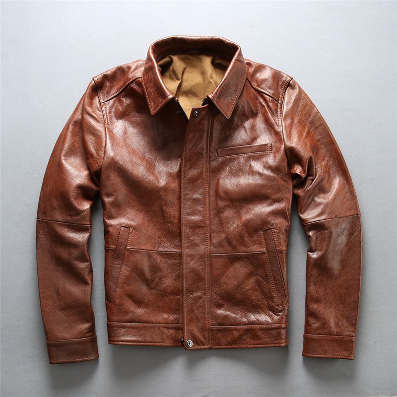 

AVIREXFLY leather flight suit pilot jackets casual business slim leather jacket top layer thick genuine leather, Red brown