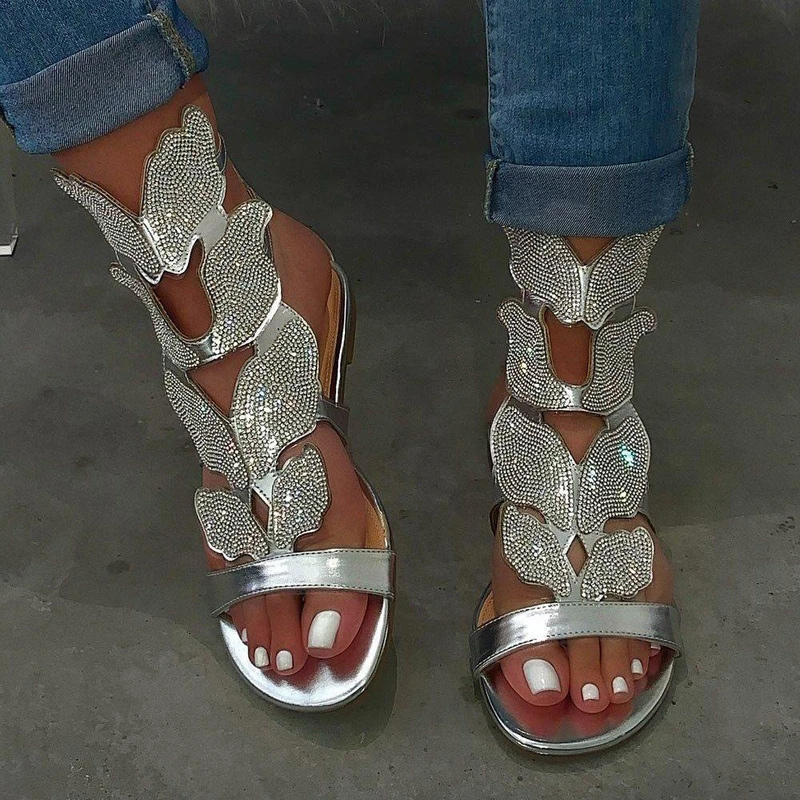 

Women Flat Ankle Strap Sandals Summer Womens Buckle Glitter Gladiator Beach Shoes Women Crystal Bling Ladies Fashion Plus Size, Black