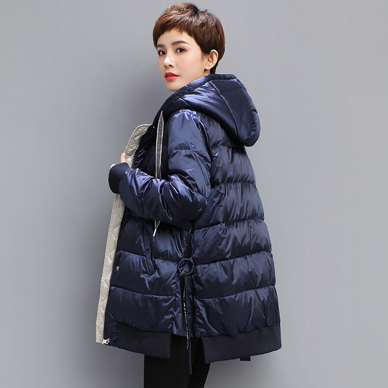 

Shiny loose fit hooded down jacket women thickening warm medium long down coat outerwear new 2019 autumn winter plus size, Navy blue