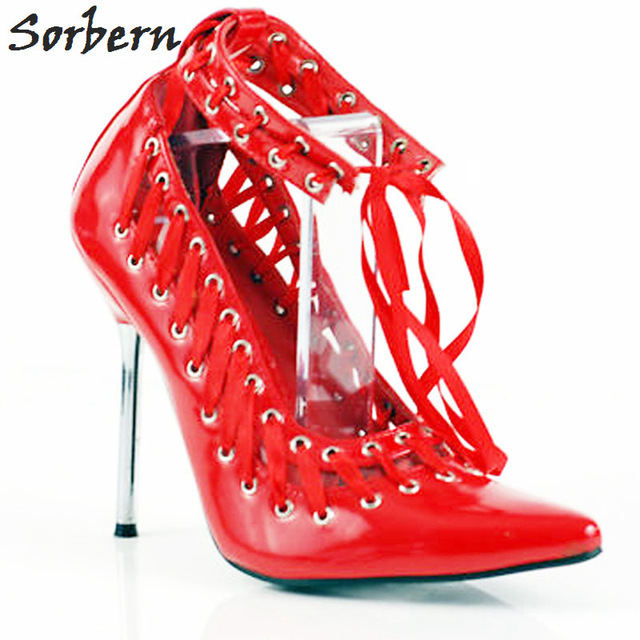 

Sorbern Black Hollow Out Pointed Toe Metal Heels Women Pumps Ankle Straps Rivet Hole Sexy Fetish Shoes Pump Stilettos Heeled, Custom color