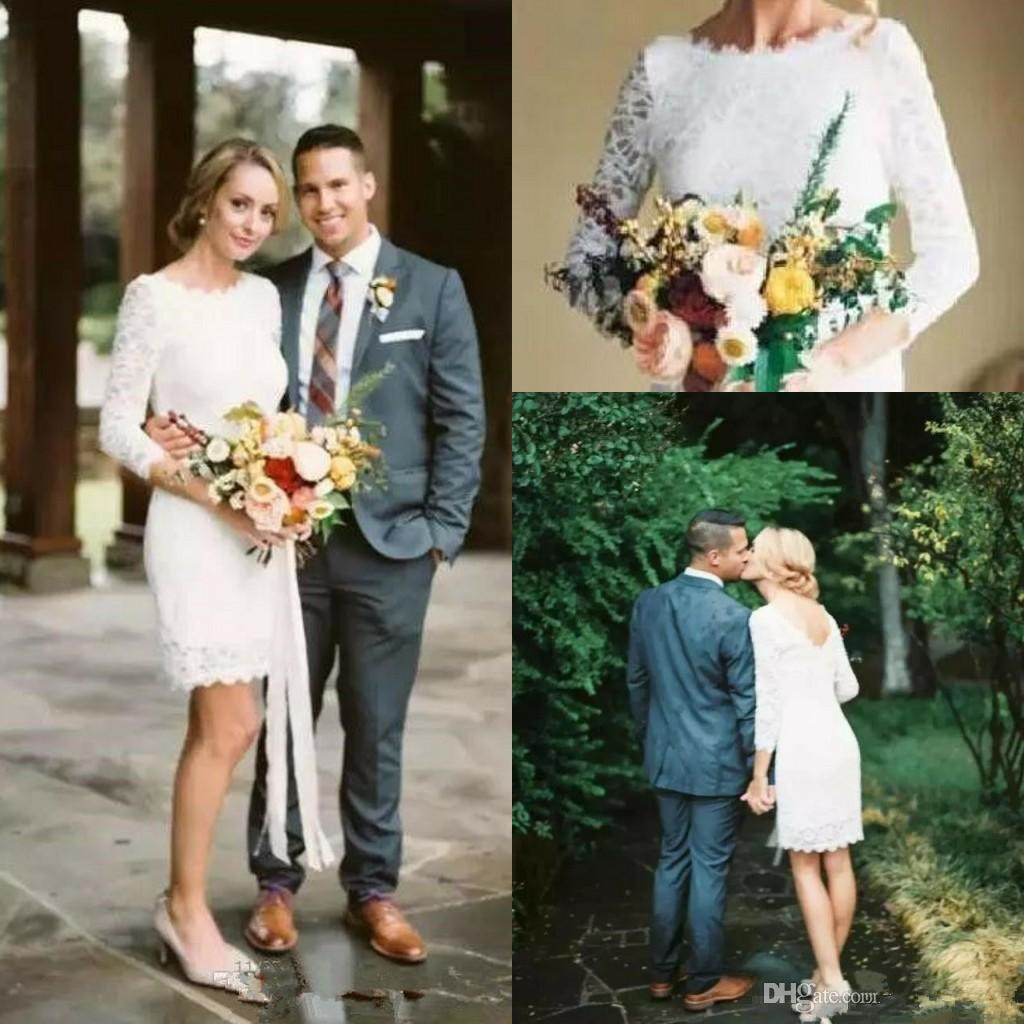 

Little White Lace Dress Short Beach Garden Sheath Wedding Dresses with Long Sleeve Jewel Neck Low Back Full Lace Boho Bridal Gowns A23, Ivory