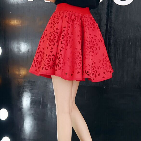 

Vintage Women Skirt Summer Red Black Hollow Out Floral Skirts Fashion High Waist Mini Party Beach Skirt