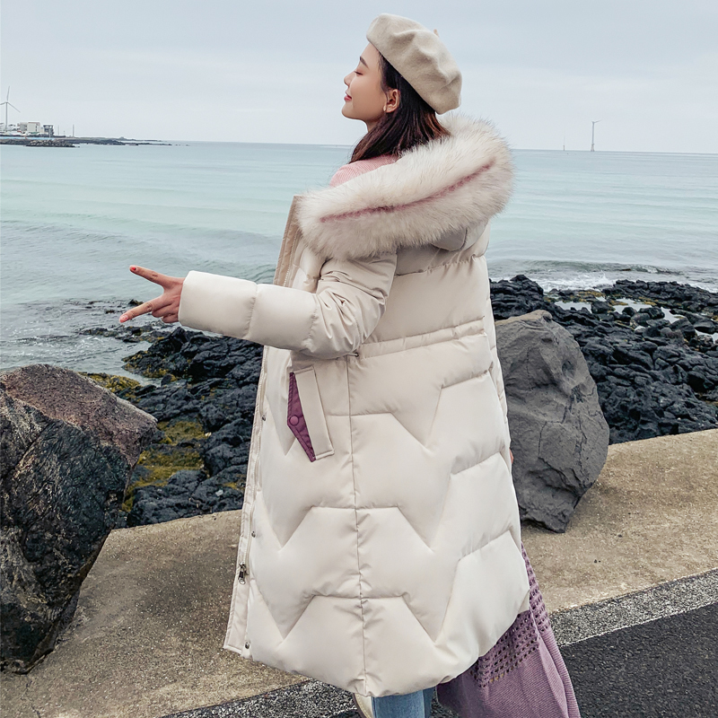 

Season 2019 Down Cotton Woman Loose Coat Winter Waist Thickening Cotton-padded Clothes Long Fund Overknee Cotton-padded Jacket, Black