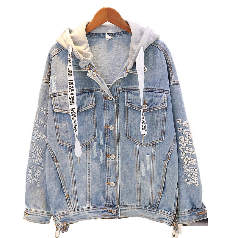 

Embroidery Detachable Hood Denim Jacket Spring Autumn Winter Femeal Jean Coat Vintage Coat Female loose Streetwear, Blue