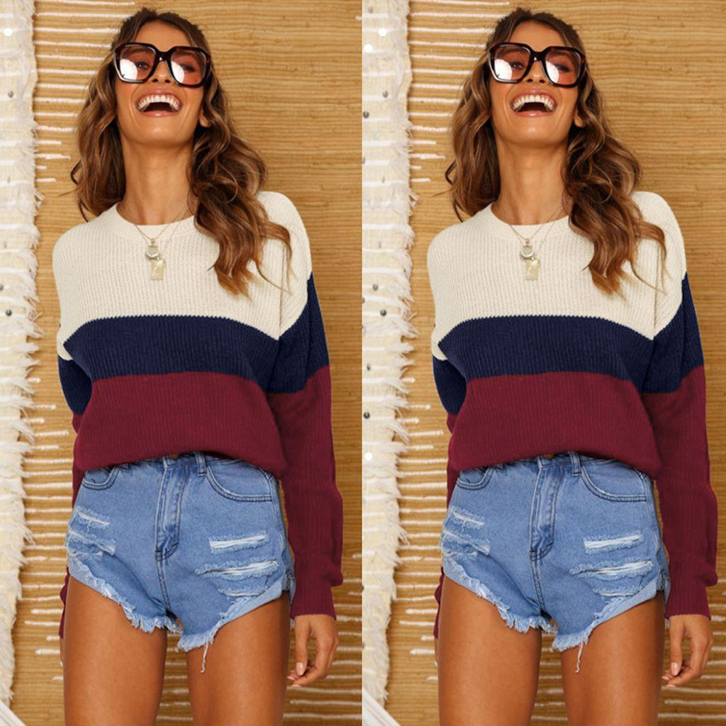 

Sweater Women Women Striped Casual Pullover Shirt Tops Knitted Pullovers Long Sleeve Casual Loose Pullovers 2019 sudadera mujer, Wine