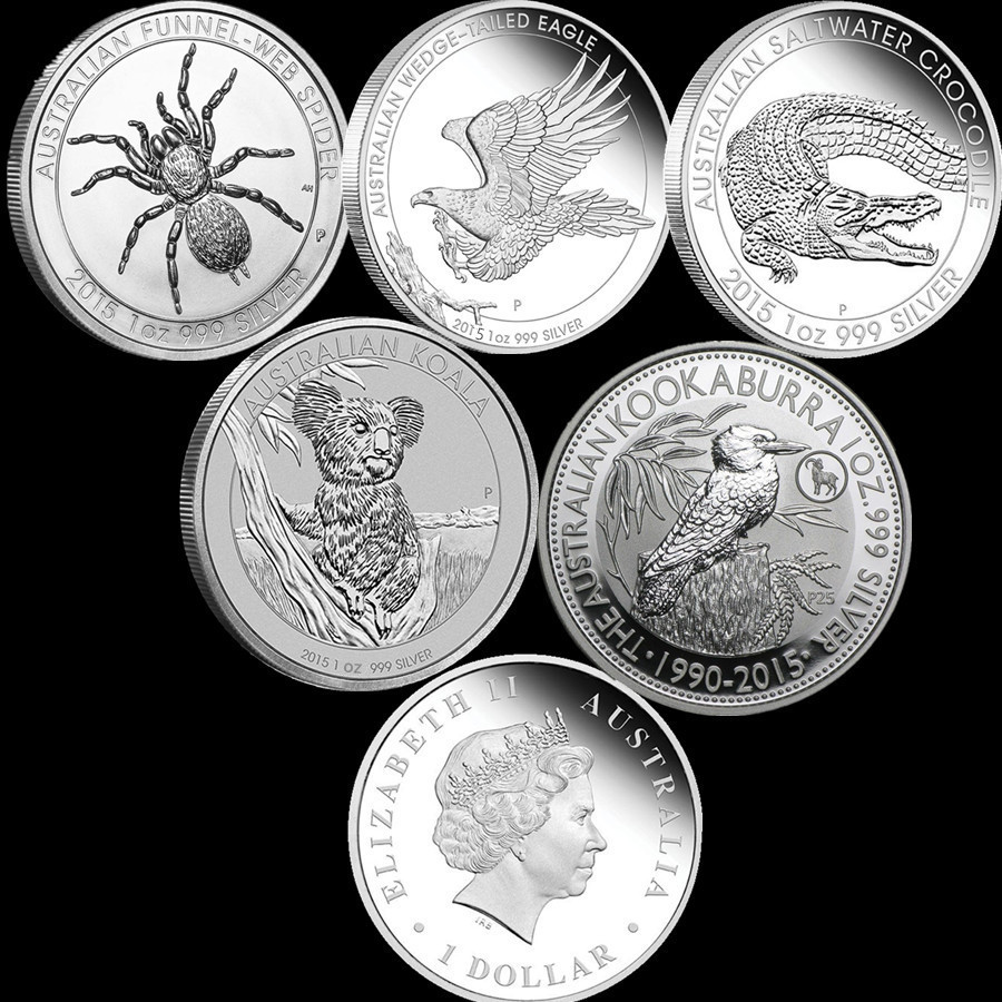 

Mix 5pcs/lot,1 One Troy Oz Silver Plated Coins,Spider + crocodile + koala +Wedge Eagle+ kookaburra,High Quality Co