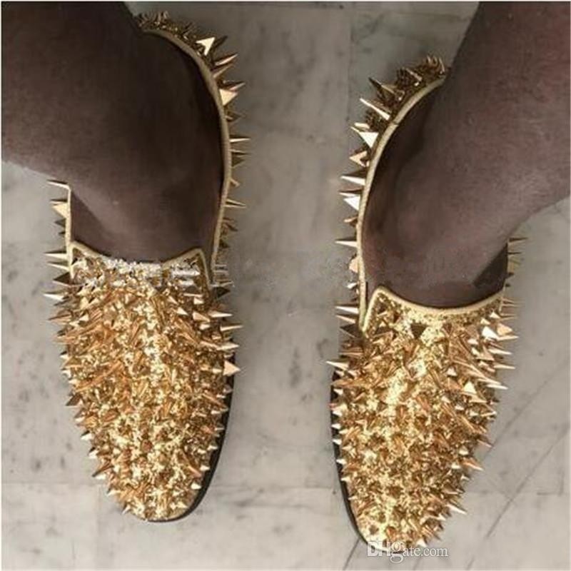 

Brand Luxury Designer Red Sole Shoes Mens Casual Fashion Red Black Gold Silver Leather Wedding Shoes Rivet Studded Spiked Loafers Men, As pics 1